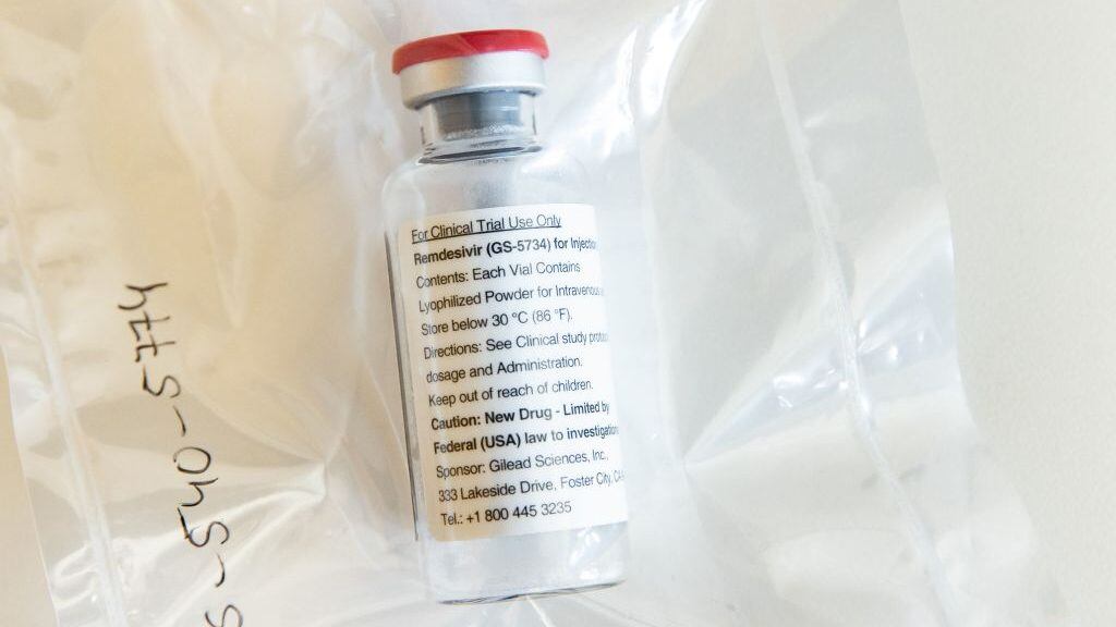One vial of the drug Remdesivir lies during a press conference about the start of a study with the Ebola drug Remdesivir in particularly severely ill patients at the University Hospital Eppendorf (UKE) in Hamburg, northern Germany on April 8, 2020, amidst the new coronavirus COVID-19 pandemic. (Photo by Ulrich Perrey / POOL / AFP) (Photo by ULRICH PERREY/POOL/AFP via Getty Images)