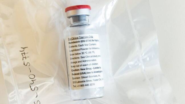 One vial of the drug Remdesivir lies during a press conference about the start of a study with the Ebola drug Remdesivir in particularly severely ill patients at the University Hospital Eppendorf (UKE) in Hamburg, northern Germany on April 8, 2020, amidst the new coronavirus COVID-19 pandemic. (Photo by Ulrich Perrey / POOL / AFP) (Photo by ULRICH PERREY/POOL/AFP via Getty Images)