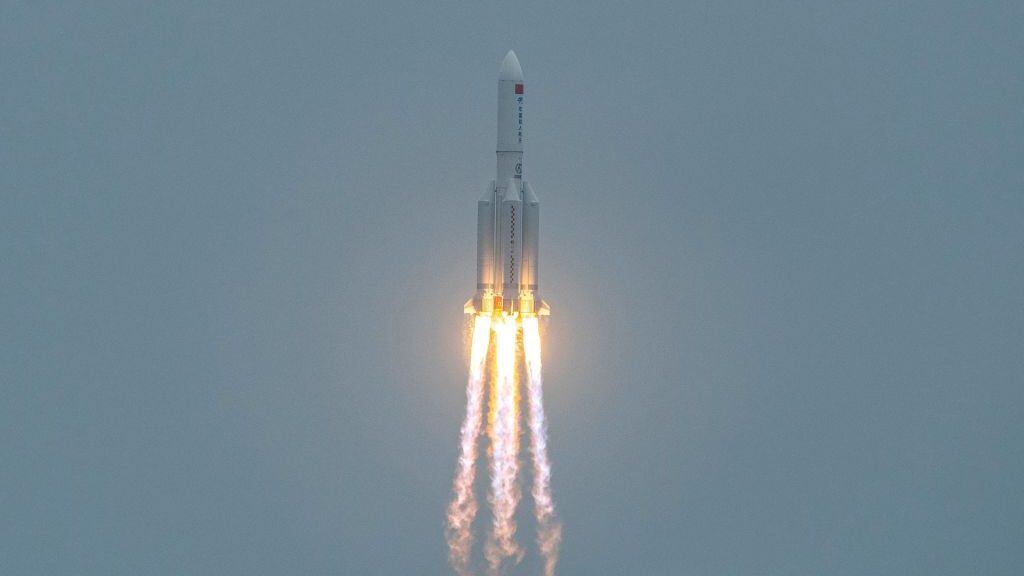 A Long March 5B rocket, carrying China's Tianhe space station core module, lifts off from the Wenchang Space Launch Center in southern China's Hainan province on April 29, 2021. - China OUT (Photo by STR / AFP) / China OUT (Photo by STR/AFP via Getty Images)