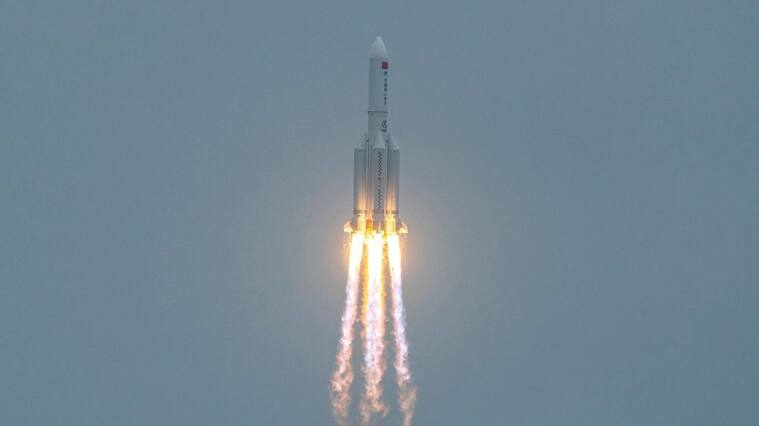 A Long March 5B rocket, carrying China's Tianhe space station core module, lifts off from the Wenchang Space Launch Center in southern China's Hainan province on April 29, 2021. - China OUT (Photo by STR / AFP) / China OUT (Photo by STR/AFP via Getty Images)