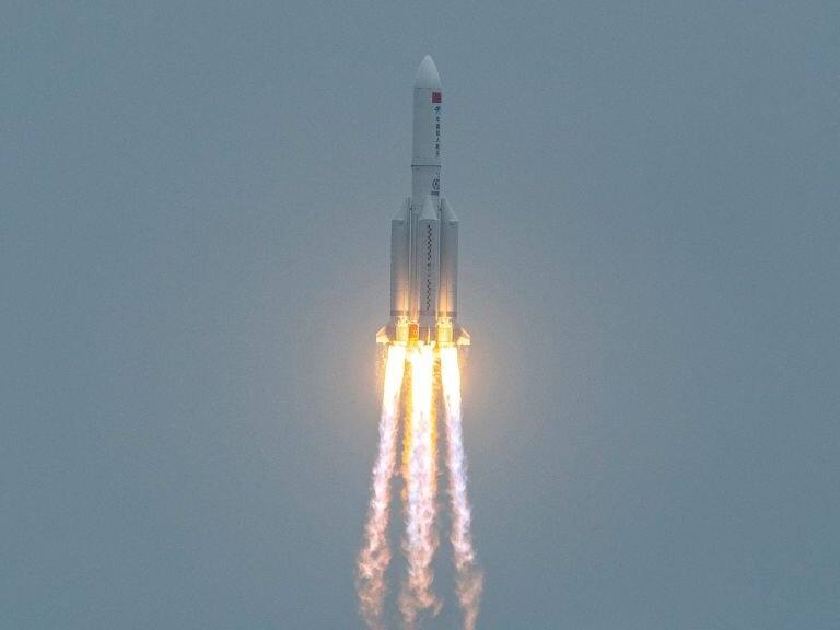 A Long March 5B rocket, carrying China's Tianhe space station core module, lifts off from the Wenchang Space Launch Center in southern China's Hainan province on April 29, 2021. - China OUT (Photo by STR / AFP) / China OUT (Photo by STR/AFP via Getty Images)