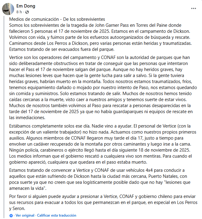 Dramático escape tras tragedia en Torres del Paine