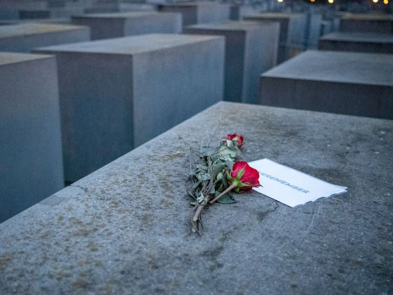 Una rosa en el monumento en Berlín que recuerda el holocausto
