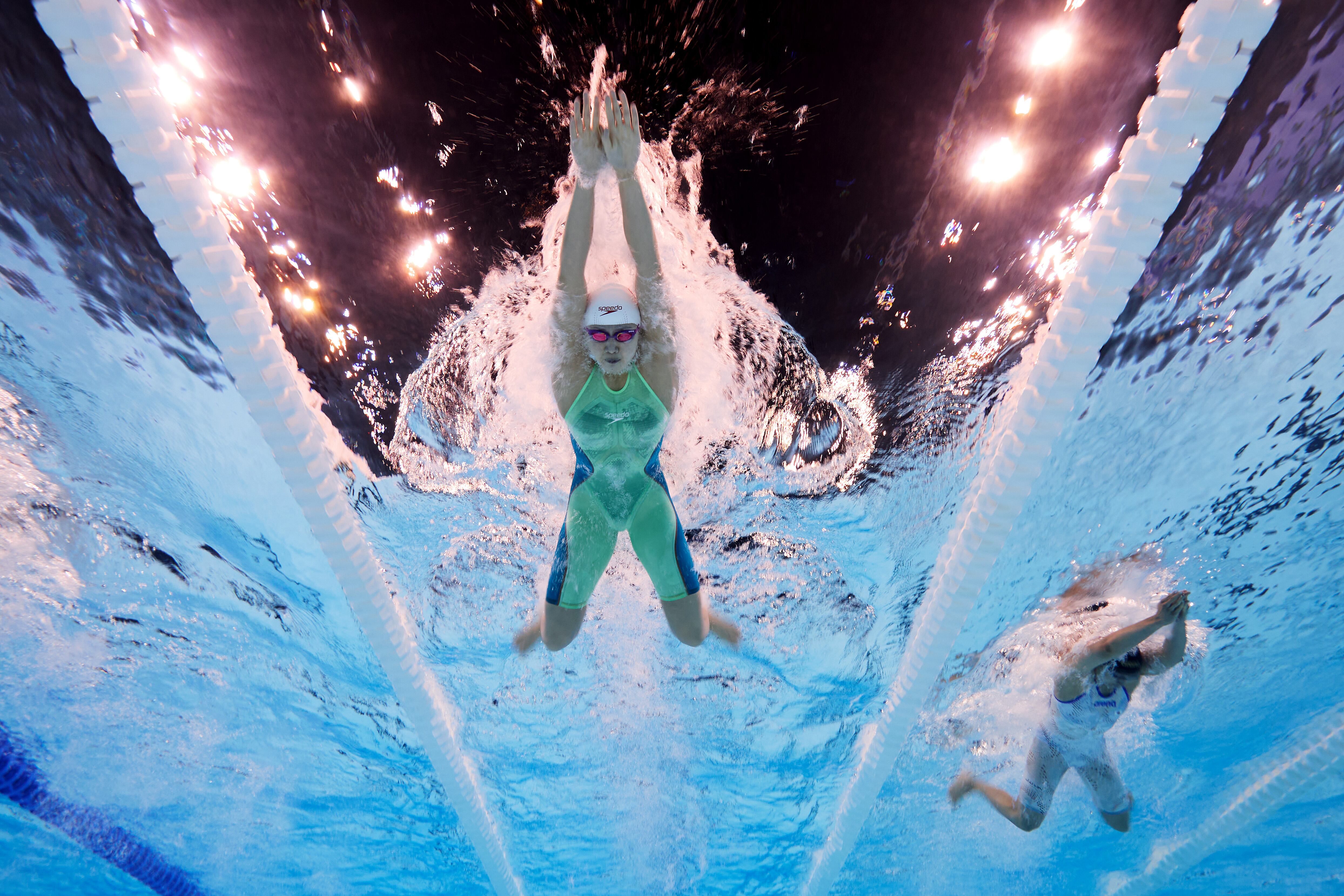 NANTERRE, FRANCE - JULY 28: (EDITORS NOTE: Image was captured using an underwater robotic camera.) Qianting Tang of Team People's Republic of China competes in the Women’s 100m Breaststroke Semifinals on day two of the Olympic Games Paris 2024 at Paris La Defense Arena on July 28, 2024 in Nanterre, France. (Photo by Adam Pretty/Getty Images)