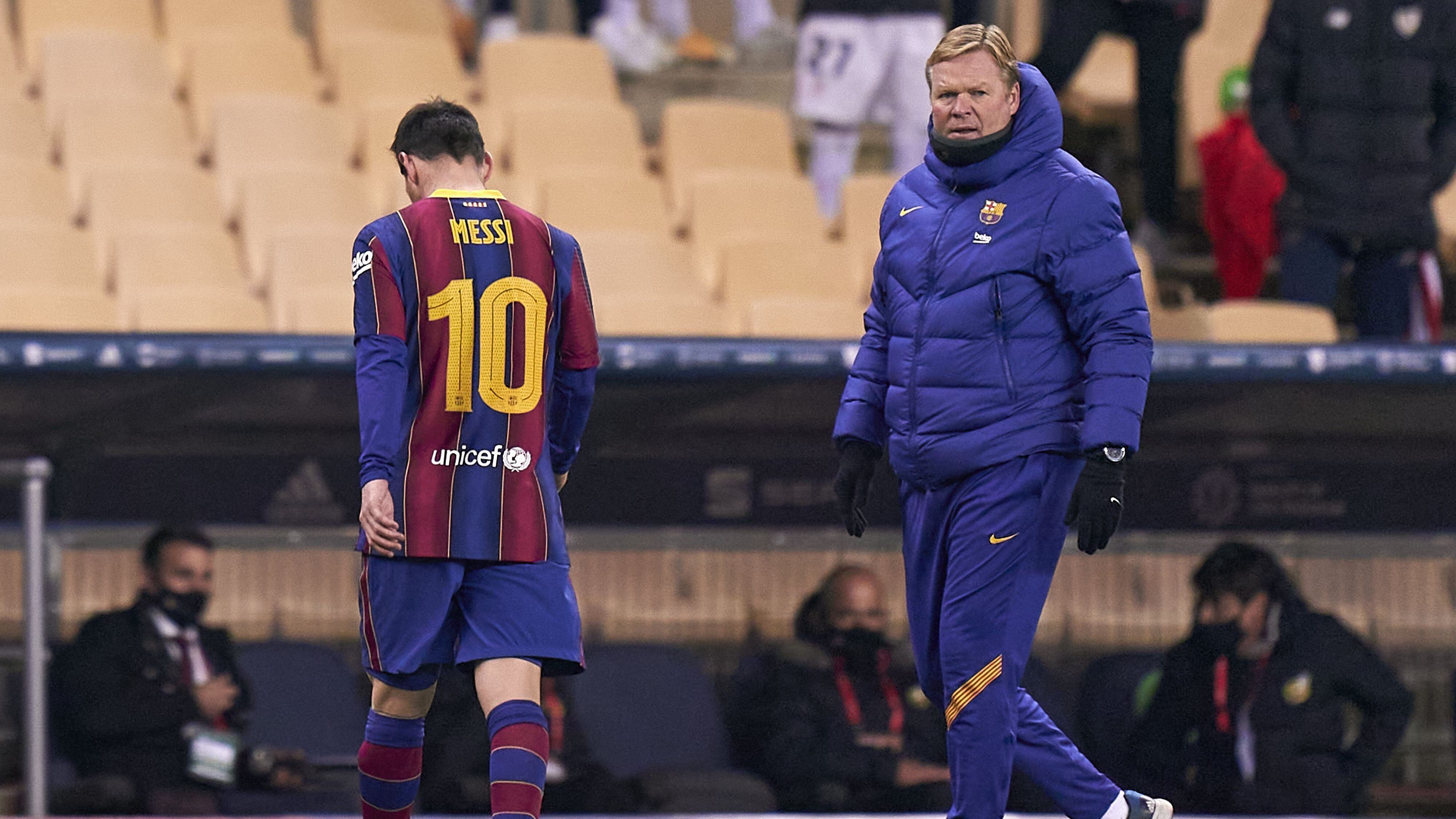 SEVILLE, SPAIN - JANUARY 17: Lionel Messi of Barcelona walks off the pitch after being shown a red card during the Supercopa de Espana Final match between FC Barcelona and Athletic Club at Estadio de La Cartuja on January 17, 2021 in Seville, Spain. Sporting stadiums around Spain remain under strict restrictions due to the Coronavirus Pandemic as Government social distancing laws prohibit fans inside venues resulting in games being played behind closed doors. (Photo by Quality Sport Images/Getty Images)