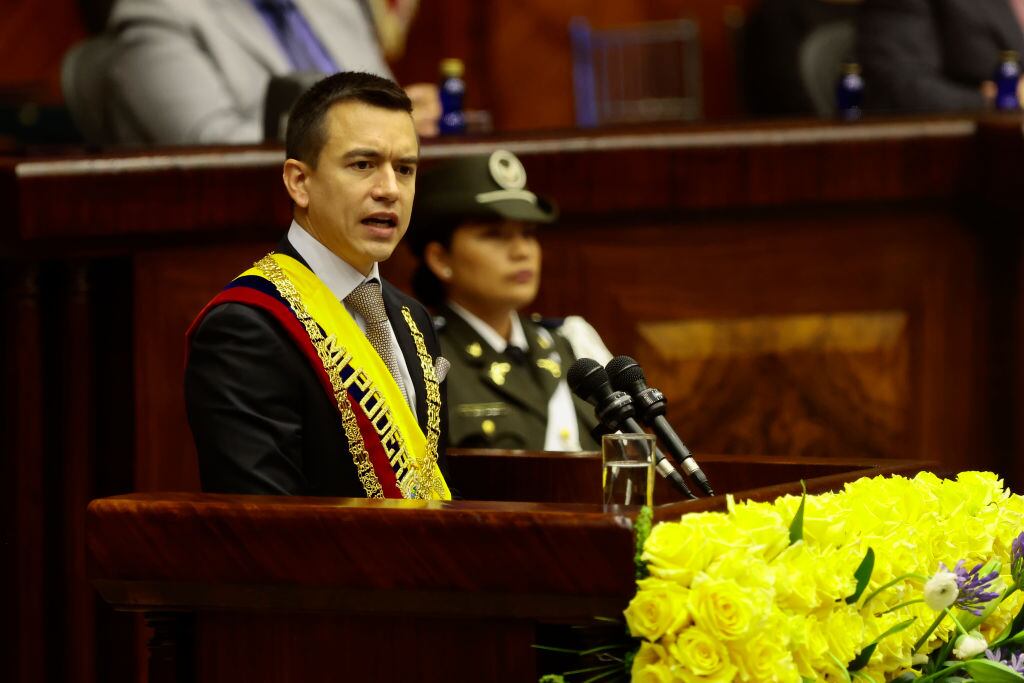 QUITO, ECUADOR - NOVEMBER 23: Newly elected President Daniel Noboa speaks during the presidential inauguration at the Ecuadorean National Assembly on November 23, 2023 in Quito, Ecuador. Noboa will complete the 2021-2025 period after President Guillermo Lasso applied the "cross death" to dissolve parliament and call for early elections. (Photo by Franklin Jacome/Getty Images)