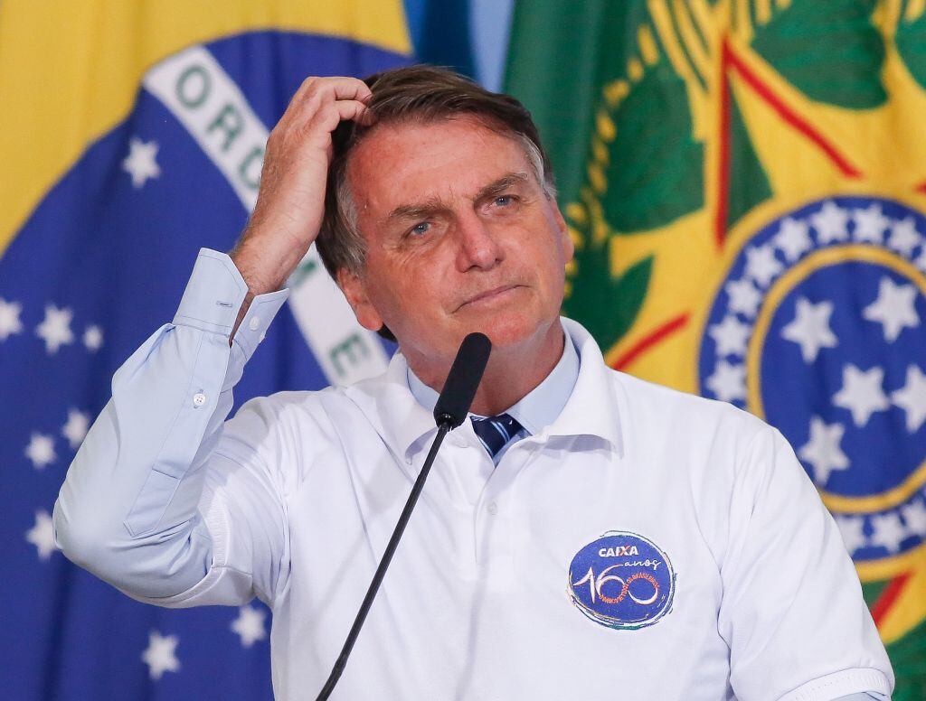 Brazil's President Jair Bolsonaro attends a ceremony at the Planalto Palace in Brasilia, Brazil on January 12, 2021. (Photo by Sergio Lima / AFP) (Photo by SERGIO LIMA/AFP via Getty Images)
