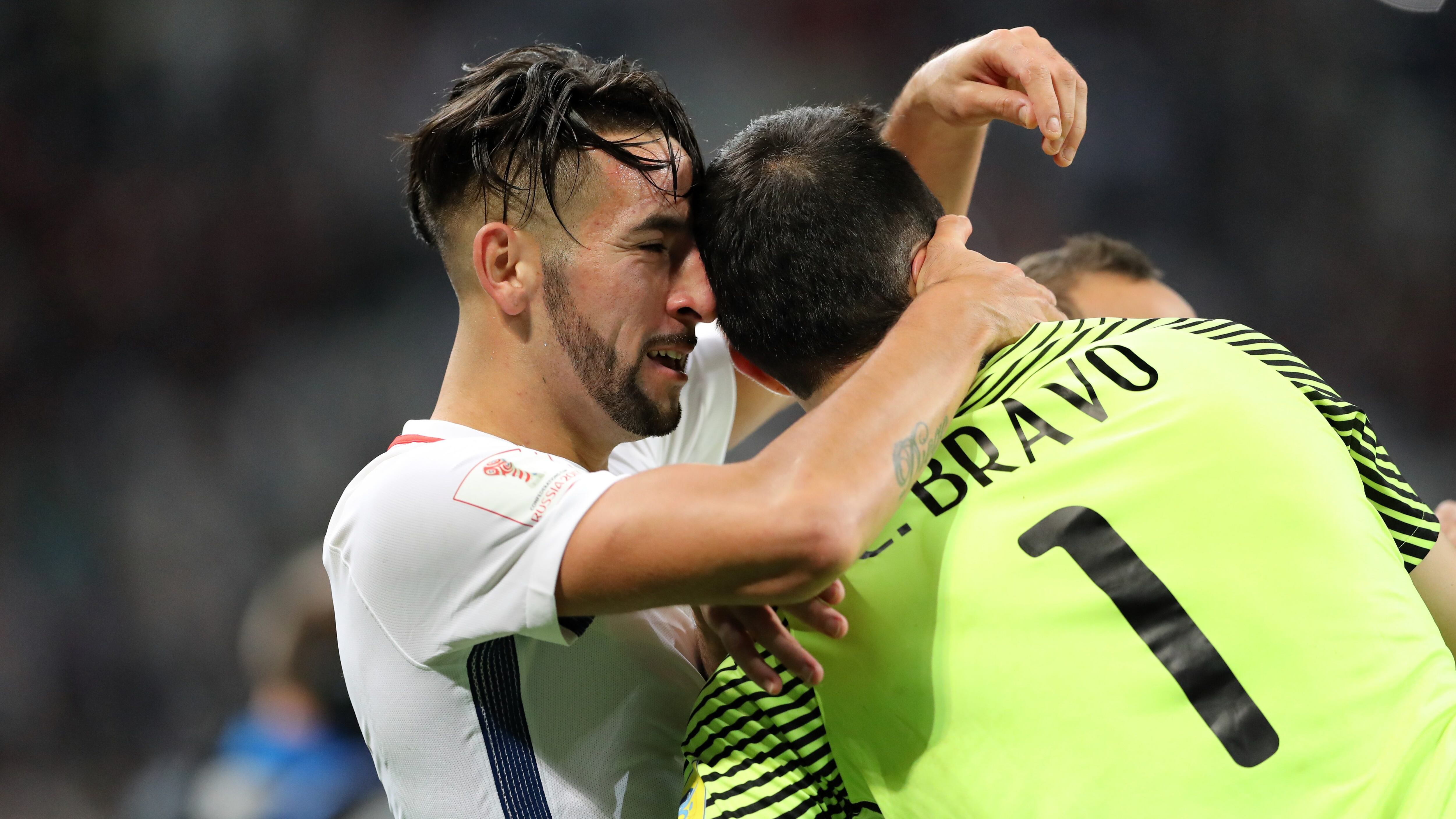 KAZAN, RUSSIA - JUNE 28: Mauricio Isla (L) and goalkeeper Claudio Bravo (R) of Chile celebrates scoring the 0-3 lead during the FIFA Confederations Cup 2017 Semi-final soccer match between Portugal and Chile at "Kazan-Arena" stadium in Kazan, Russia on June 28, 2017. (Photo by Alexey Nasyrov/Anadolu Agency/Getty Images)
