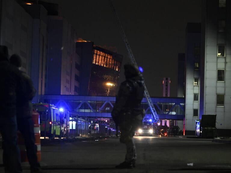 MOSCOW, RUSSIA - MARCH 22: Working to extinguish fire continues at Crocus City Hall concert venue near Moscow, Russia after reports of a shooting incident on March 22, 2024. Gunmen killed 40 people in a shooting at a concert hall near Moscow, the Russian Federal Security Service (FSB) announced on Friday. Moscow region Health Ministry publishes list of 145 people injured in concert hall attack. (Photo by Sefa Karacan/Anadolu via Getty Images)