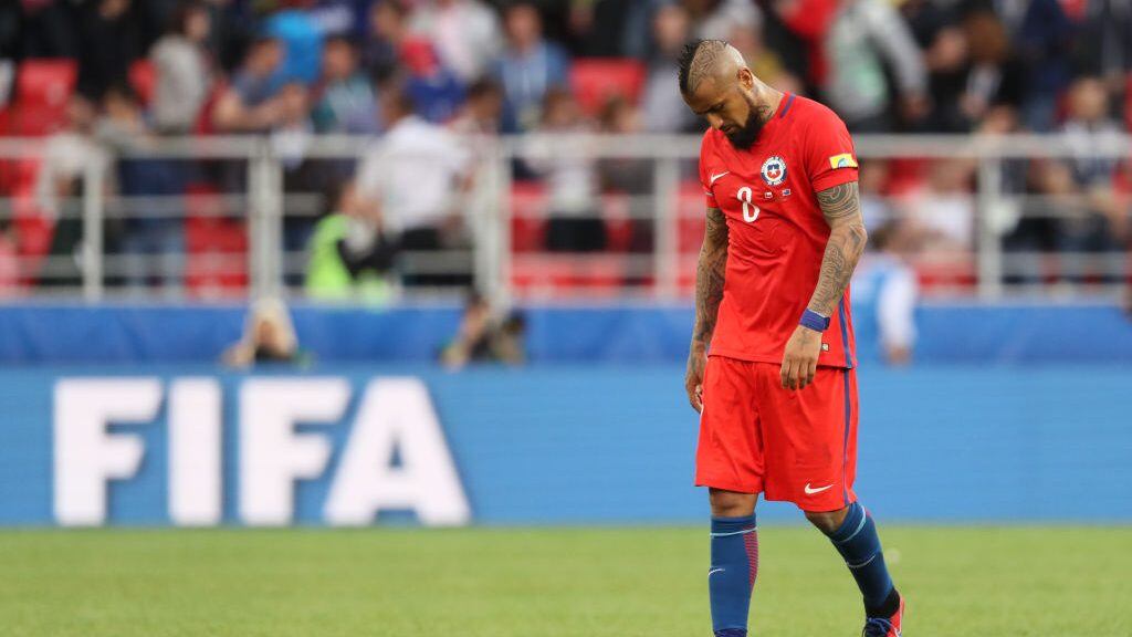MOSCOW, RUSSIA - JUNE 25: Arturo Vidal of Chile looks dejected during the FIFA Confederations Cup Russia 2017 Group B match between Chile and Australia at Spartak Stadium on June 25, 2017 in Moscow, Russia. (Photo by Matthew Ashton - AMA/Getty Images)