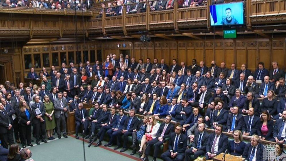 Ukrainian President Volodymyr Zelensky addresses MPs in the House of Commons via videolink on the latest situation in Ukraine. Picture date: Tuesday March 8, 2022. (Photo by House of Commons/PA Images via Getty Images)
