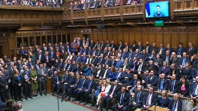 Ukrainian President Volodymyr Zelensky addresses MPs in the House of Commons via videolink on the latest situation in Ukraine. Picture date: Tuesday March 8, 2022. (Photo by House of Commons/PA Images via Getty Images)