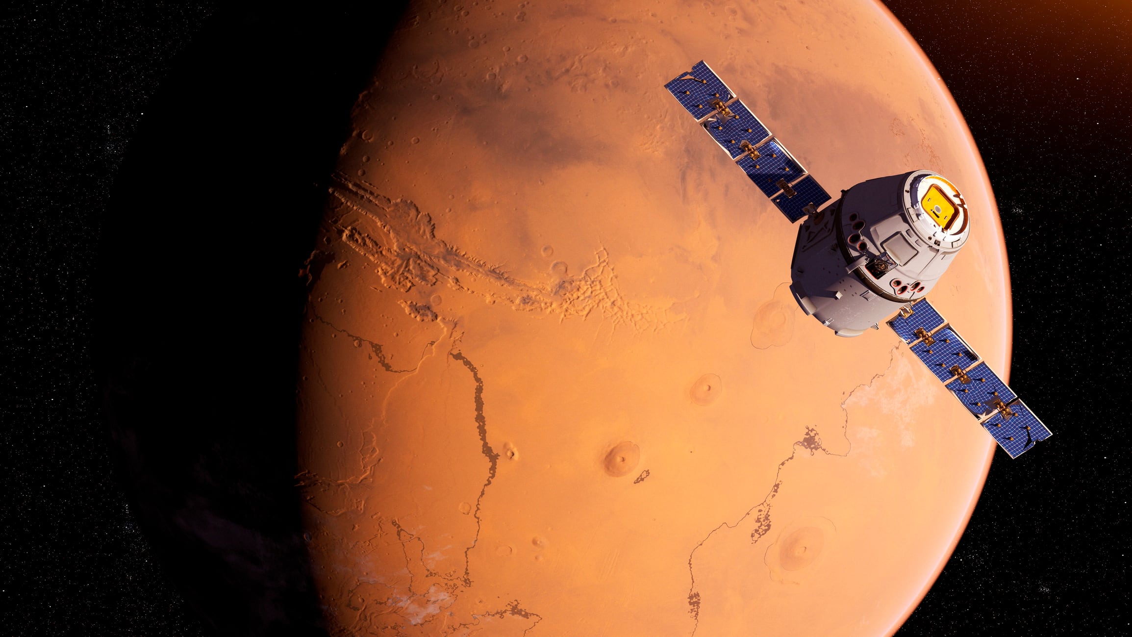 Illustration of a satellite in front of Mars.