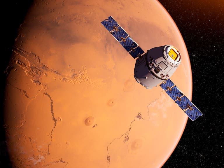 Illustration of a satellite in front of Mars.