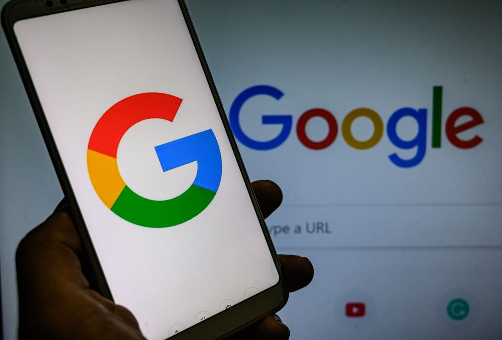 In this photo illustration, screens display the logos of Google in Tehatta, Nadia, West Bengal, India on September 4, 2020. Google is bringing the 'Kormo Jobs' Android app to India to help job seekers find and apply for positions across India.(Photo Illustration by Soumyabrata Roy/NurPhoto via Getty Images)