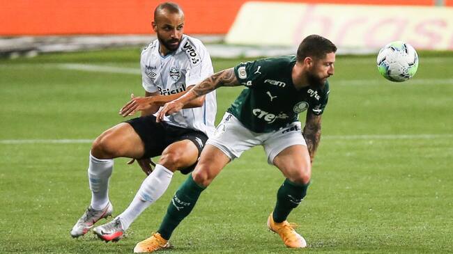 SAO PAULO, BRAZIL - JANUARY 15: (L-R) Thaciano of Gremio and Ze Rafael of Palmeiras fight for the ball during the match as part of Brasileirao Series A 2020 at Allianz Parque on January 15, 2021 in Sao Paulo, Brazil. (Photo by Alexandre Schneider/Getty Images)