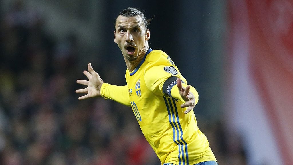 COPENHAGEN, DENMARK - NOVEMBER 17: Zlatan Ibrahimovic of Sweden celebrates scoring his second goal during the UEFA EURO 2016 qualifier play-off second leg match between Denmark and Sweden at Telia Parken stadium on November 17, 2015 in Copenhagen, Denmark. (Photo by Jean Catuffe/Getty Images)