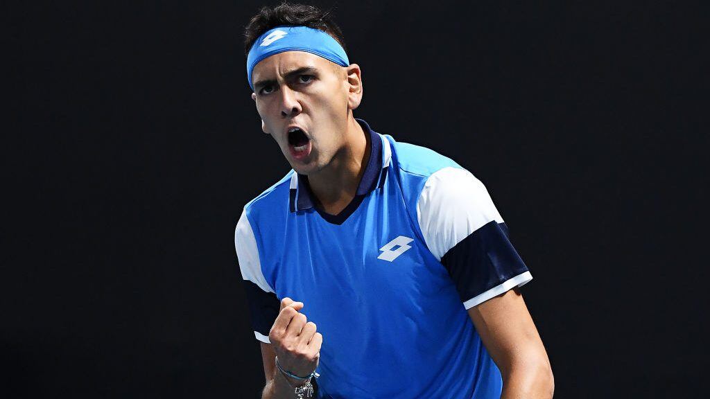 MELBOURNE, AUSTRALIA - JANUARY 21:  Alejandro Tabilo of Chile celebrates after winning a point during his Men's Singles first round match against Daniel Elahi Galan of Colombia on day two of the 2020 Australian Open at Melbourne Park on January 21, 2020 in Melbourne, Australia. (Photo by Quinn Rooney/Getty Images)