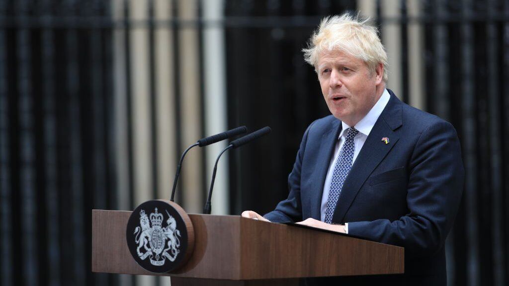 LONDON, ENGLAND - JULY 07: Prime Minister Boris Johnson addresses the nation as he announces his resignation outside 10 Downing Street on July 7, 2022 in London, England. (Photo by Vudi Xhymshiti/Anadolu Agency via Getty Images)