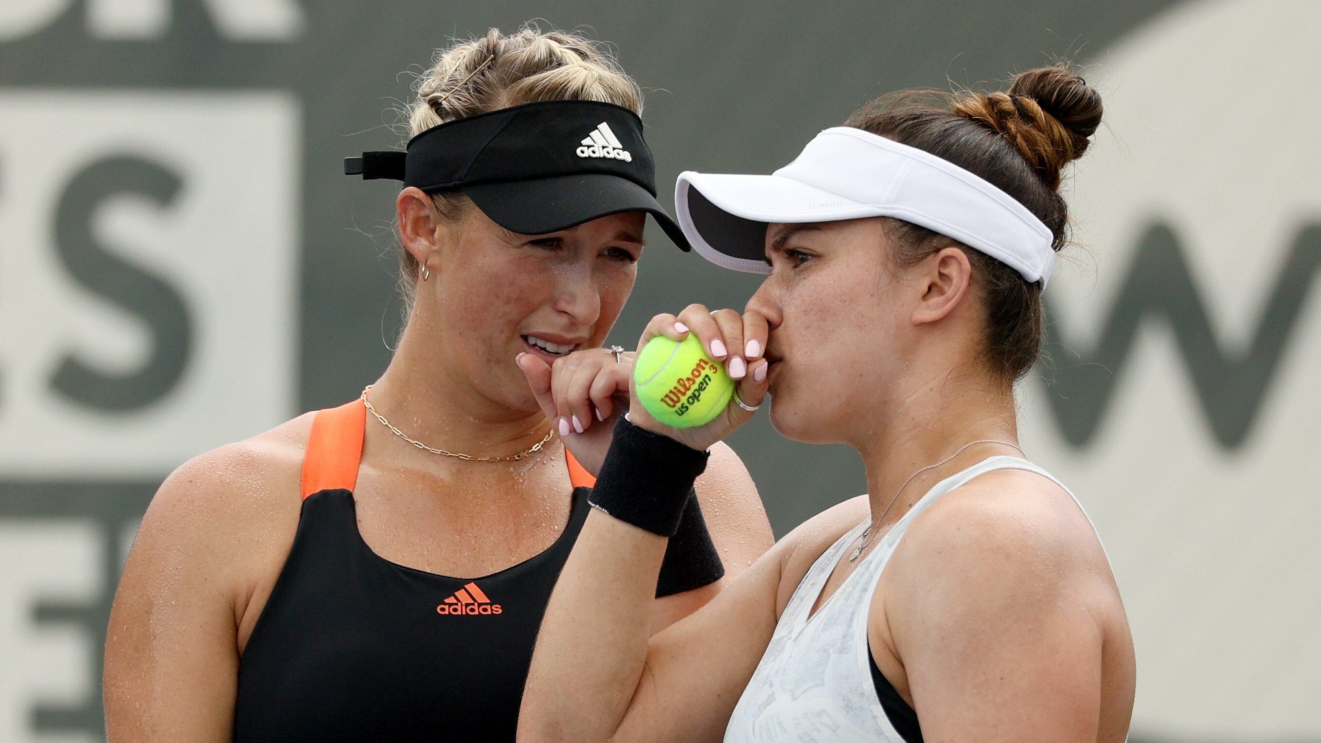 LEXINGTON, KENTUCKY - AUGUST 12: Alexa Guarachi of Chile (L) and Desirae Krawczyk meet during their doubles match against Oksana Kalashnikova of Georgia and Alla Kudryavtseva of Russia during Top Seed Open - Day 3 at the Top Seed Tennis Club on August 12, 2020 in Lexington, Kentucky. (Photo by Dylan Buell/Getty Images)