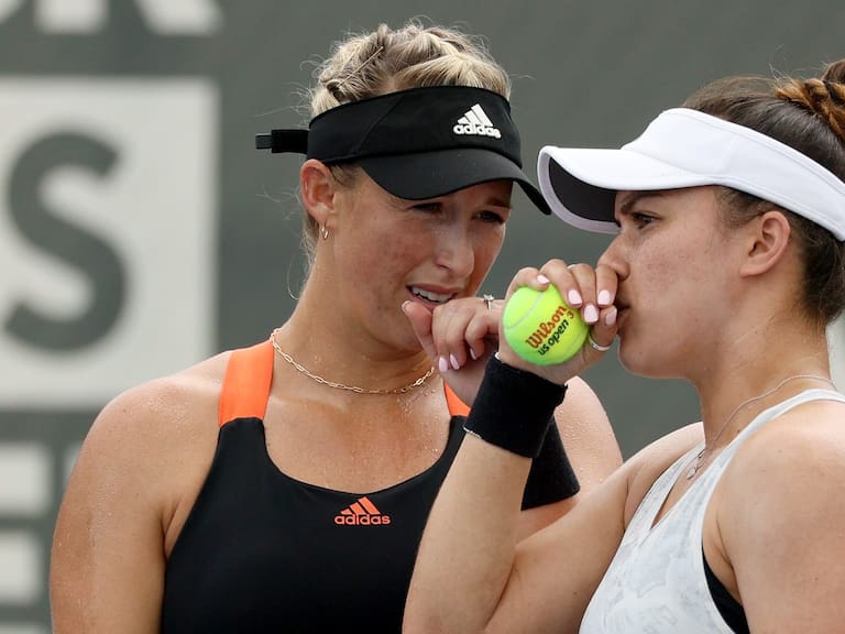 LEXINGTON, KENTUCKY - AUGUST 12: Alexa Guarachi of Chile (L) and Desirae Krawczyk meet during their doubles match against Oksana Kalashnikova of Georgia and Alla Kudryavtseva of Russia during Top Seed Open - Day 3 at the Top Seed Tennis Club on August 12, 2020 in Lexington, Kentucky. (Photo by Dylan Buell/Getty Images)