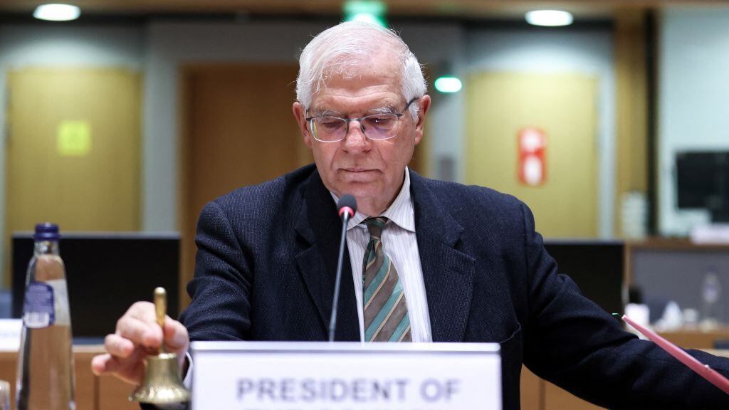 European Union High Representative for Foreign Affairs and Security Policy Josep Borrell rings the bell at the start of a Foreign Affairs Council (FAC) meeting at the EU headquarters in Brussels on March 21, 2022. (Photo by Kenzo TRIBOUILLARD / AFP) (Photo by KENZO TRIBOUILLARD/AFP via Getty Images)