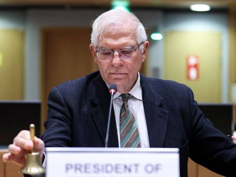 European Union High Representative for Foreign Affairs and Security Policy Josep Borrell rings the bell at the start of a Foreign Affairs Council (FAC) meeting at the EU headquarters in Brussels on March 21, 2022. (Photo by Kenzo TRIBOUILLARD / AFP) (Photo by KENZO TRIBOUILLARD/AFP via Getty Images)