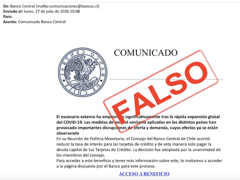 Banco Central alerta de estafa por correo electrónico ofreciendo bajas en las tasas de interés
