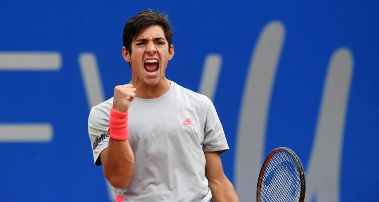 Chile's Christian Garin celebrates at the end of his final match against Italy's Matteo Berrettini (not in picture) at the ATP tennis BMW Open in Munich, southern Germany, on May 5, 2019. (Photo by Christof STACHE / AFP)