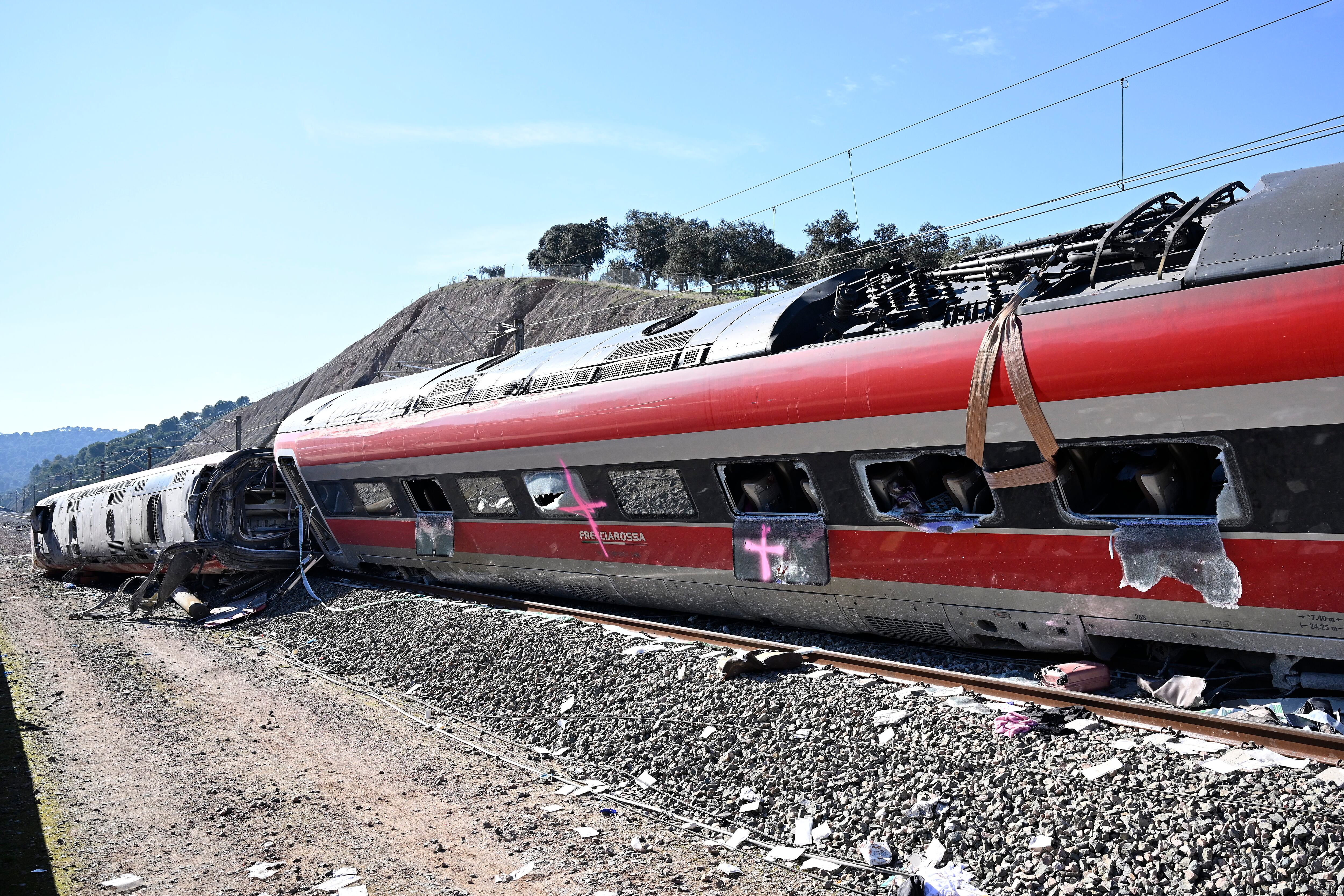 ADAMUZ, SPAIN - JANUARY 20: General view of the overturned Iryo train on the railroad tracks in Adamuz. (Photo by Carlos Alvarez/Getty Images)