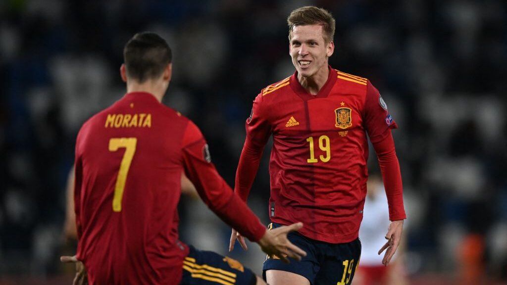 Spain's forward Daniel Olmo celebrates after scoring the team's second goal during the FIFA World Cup Qatar 2022 qualification football match Georgia v Spain in Tbilisi on March 28, 2021. (Photo by Kirill KUDRYAVTSEV / AFP) (Photo by KIRILL KUDRYAVTSEV/AFP via Getty Images)