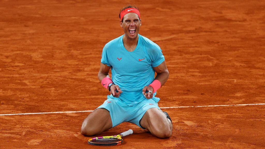 PARIS, FRANCE - OCTOBER 11: Rafael Nadal of Spain celebrates after winning championship point during his Men's Singles Final against Novak Djokovic of Serbia on day fifteen of the 2020 French Open at Roland Garros on October 11, 2020 in Paris, France. (Photo by Julian Finney/Getty Images)