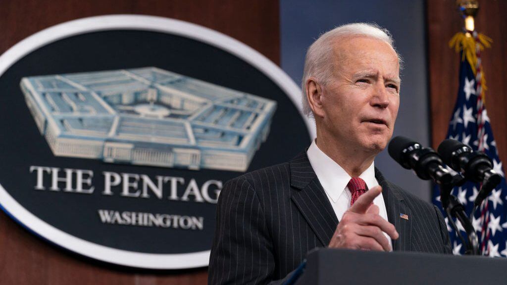 WASHINGTON, DC - FEBRUARY 10: President Joe Biden speaks at the Pentagon February 10, 2021 in Washington, DC. Biden and Harris made their first trip to the Pentagon to deliver remarks and meet the nation's first Black Secretary of Defense Lloyd Austin. (Photo by Alex Brandon - Pool/Getty Images)