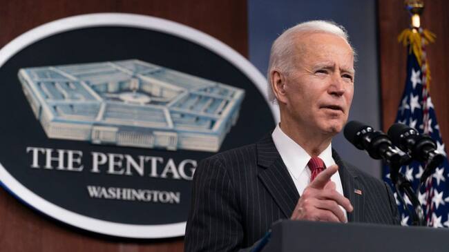 WASHINGTON, DC - FEBRUARY 10: President Joe Biden speaks at the Pentagon February 10, 2021 in Washington, DC. Biden and Harris made their first trip to the Pentagon to deliver remarks and meet the nation's first Black Secretary of Defense Lloyd Austin. (Photo by Alex Brandon - Pool/Getty Images)