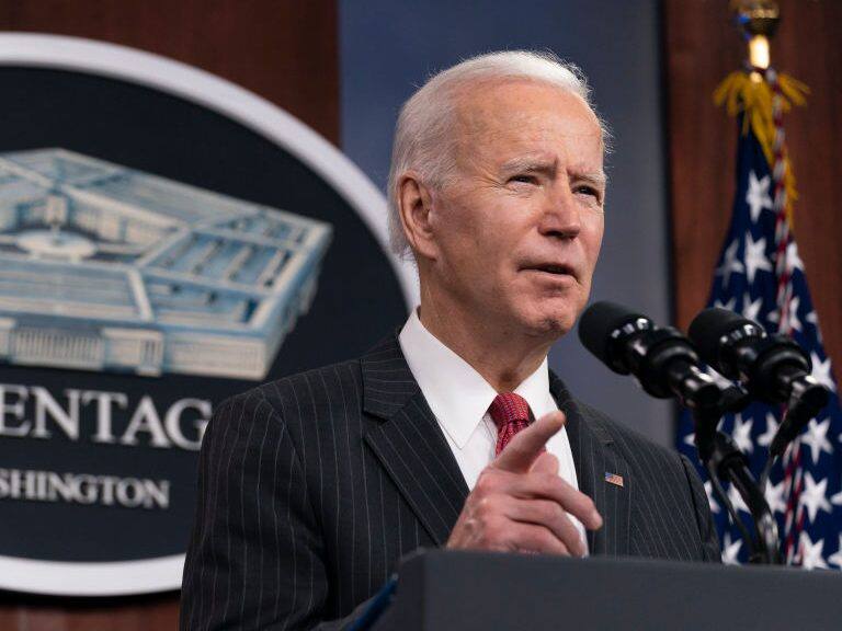 WASHINGTON, DC - FEBRUARY 10: President Joe Biden speaks at the Pentagon February 10, 2021 in Washington, DC. Biden and Harris made their first trip to the Pentagon to deliver remarks and meet the nation's first Black Secretary of Defense Lloyd Austin. (Photo by Alex Brandon - Pool/Getty Images)