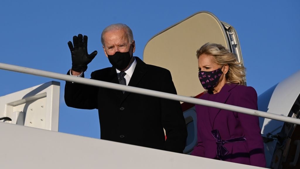 US President-elect Joe Biden and incoming First Lady Jill Biden arrive at Joint Base Andrews in Maryland on January 19, 2021, one day ahead of his inauguration as 46th President of the US. (Photo by JIM WATSON / AFP) (Photo by JIM WATSON/AFP via Getty Images)