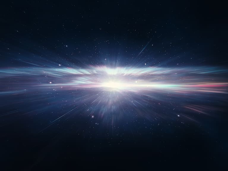 Traveling at the speed of light, time-warp trough universe filled with stars and space dust.