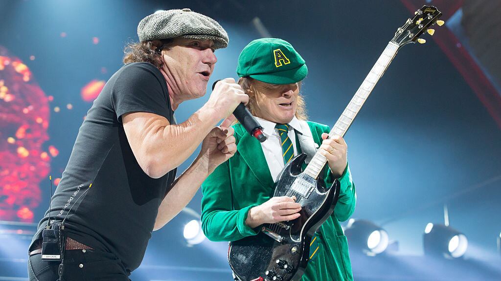 KANSAS CITY, MO - FEBRUARY 28: Singer Brian Johnson (L) and musician Angus Young of AC/DC performs at Sprint Center on February 28, 2016 in Kansas City, Missouri. (Photo by Jason Squires/WireImage)