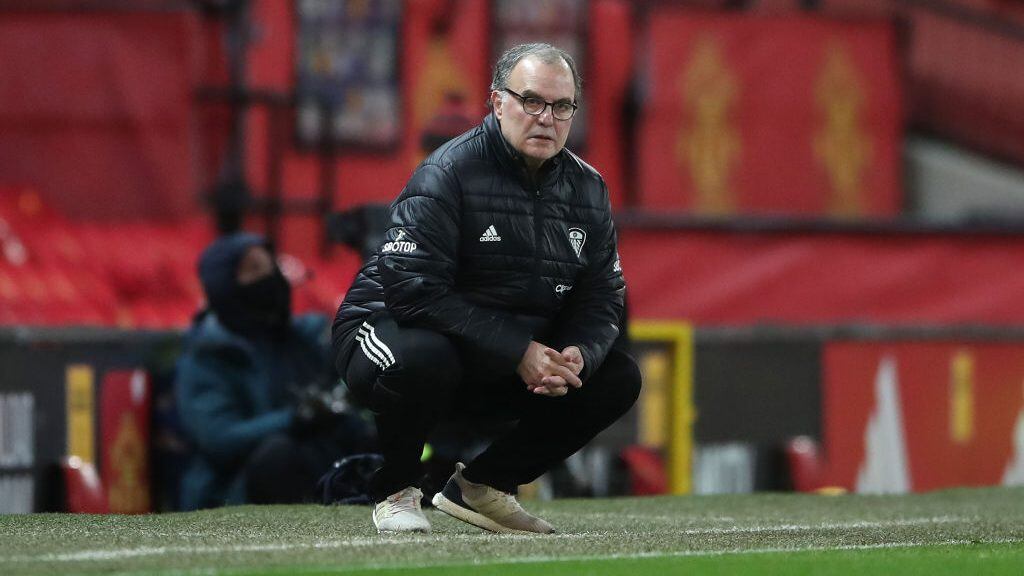 MANCHESTER, ENGLAND - DECEMBER 20: Marcelo Bielsa, Manager of Leeds United looks on during the Premier League match between Manchester United and Leeds United at Old Trafford on December 20, 2020 in Manchester, England. The match will be played without fans, behind closed doors as a Covid-19 precaution. (Photo by Nick Potts - Pool/Getty Images)