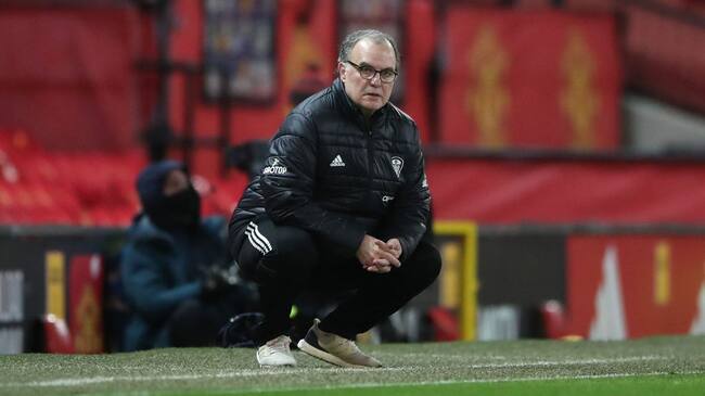 MANCHESTER, ENGLAND - DECEMBER 20: Marcelo Bielsa, Manager of Leeds United looks on during the Premier League match between Manchester United and Leeds United at Old Trafford on December 20, 2020 in Manchester, England. The match will be played without fans, behind closed doors as a Covid-19 precaution. (Photo by Nick Potts - Pool/Getty Images)