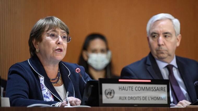 United Nations High Commissioner for Human Rights Michelle Bachelet (L) delivers a speech during an urgent debate on the Ukraine conflict at the UN Human Right Council in Geneva on March 3, 2022 - The UN human rights chief slammed Russia's attack on Ukraine, warning of a "massive impact" on the rights of millions and cautioning that heightened nuclear threat levels showed all of humanity was at risk. (Photo by Fabrice COFFRINI / AFP) (Photo by FABRICE COFFRINI/AFP via Getty Images)