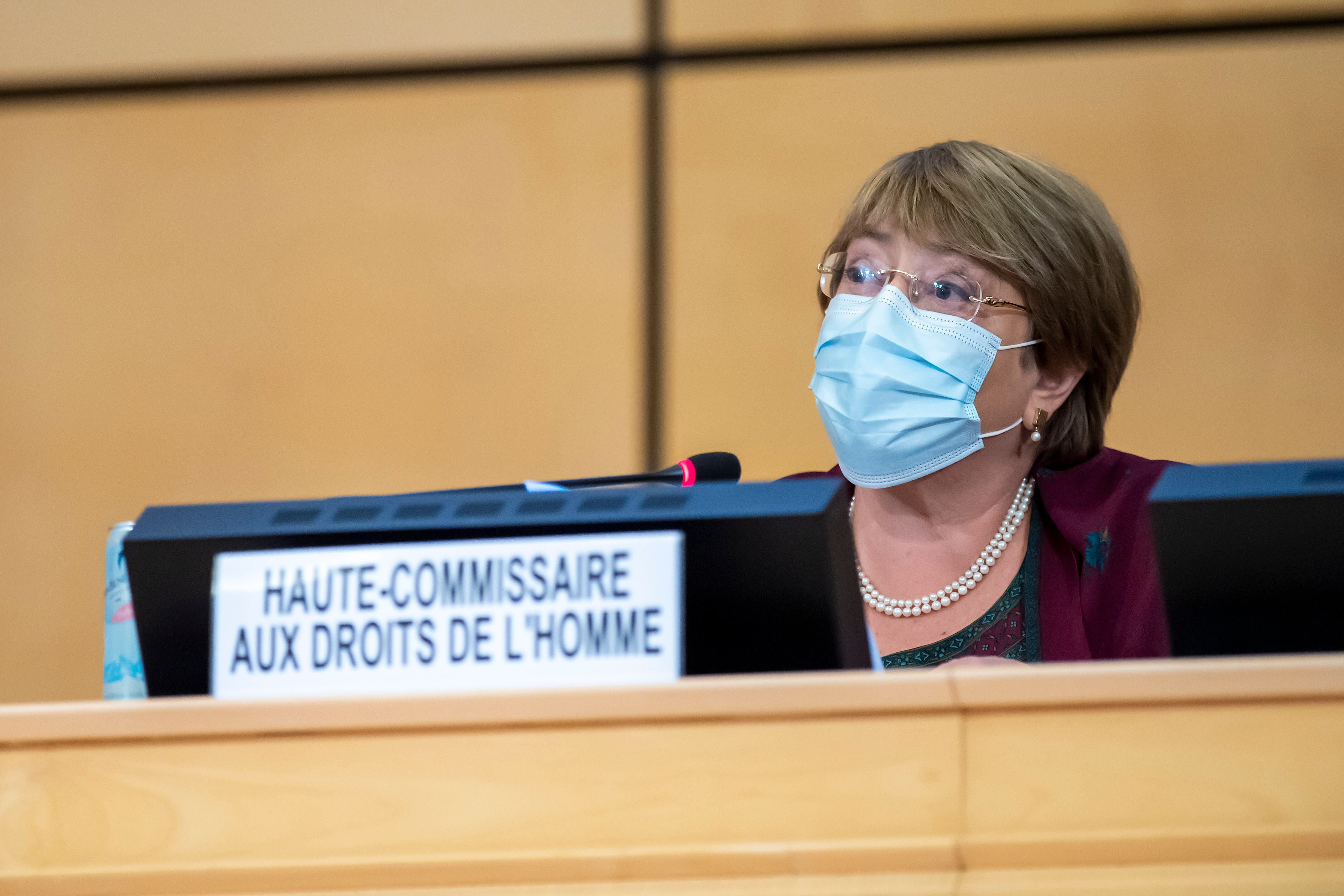 High Commissioner for Human Rights Michelle Bachelet speaks during the opening of 45th session of the Human Rights Council, at the European headquarters of the United Nations in Geneva, on September 14, 2020. (Photo by MARTIAL TREZZINI / POOL / AFP) (Photo by MARTIAL TREZZINI/POOL/AFP via Getty Images)