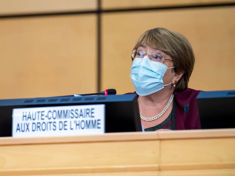 High Commissioner for Human Rights Michelle Bachelet speaks during the opening of 45th session of the Human Rights Council, at the European headquarters of the United Nations in Geneva, on September 14, 2020. (Photo by MARTIAL TREZZINI / POOL / AFP) (Photo by MARTIAL TREZZINI/POOL/AFP via Getty Images)