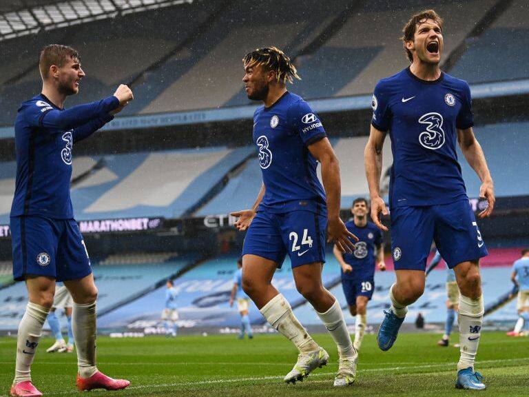 MANCHESTER, ENGLAND - MAY 08: Marcos Alonso of Chelsea celebrates after scoring their side's second goal during the Premier League match between Manchester City and Chelsea at Etihad Stadium on May 08, 2021 in Manchester, England. Sporting stadiums around the UK remain under strict restrictions due to the Coronavirus Pandemic as Government social distancing laws prohibit fans inside venues resulting in games being played behind closed doors. (Photo by Darren Walsh/Chelsea FC via Getty Images)