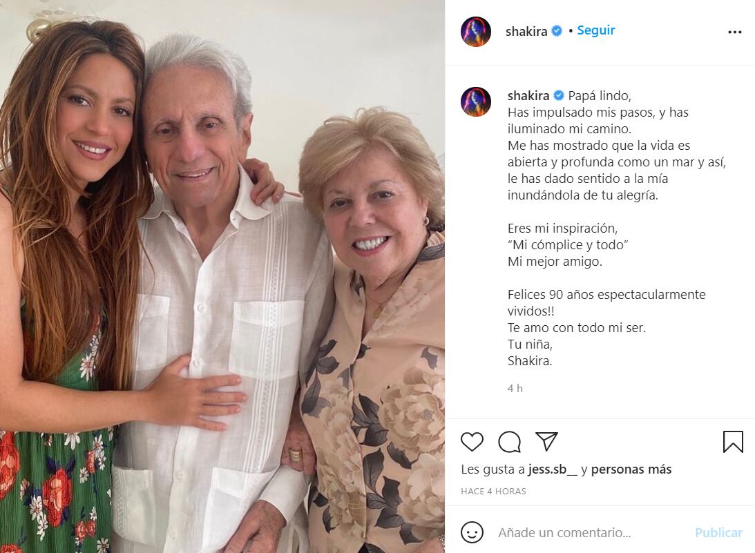 Shakira comparte foto junto a su papá para celebrar sus 90 años