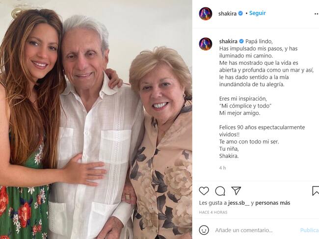 Shakira comparte foto junto a su papá para celebrar sus 90 años