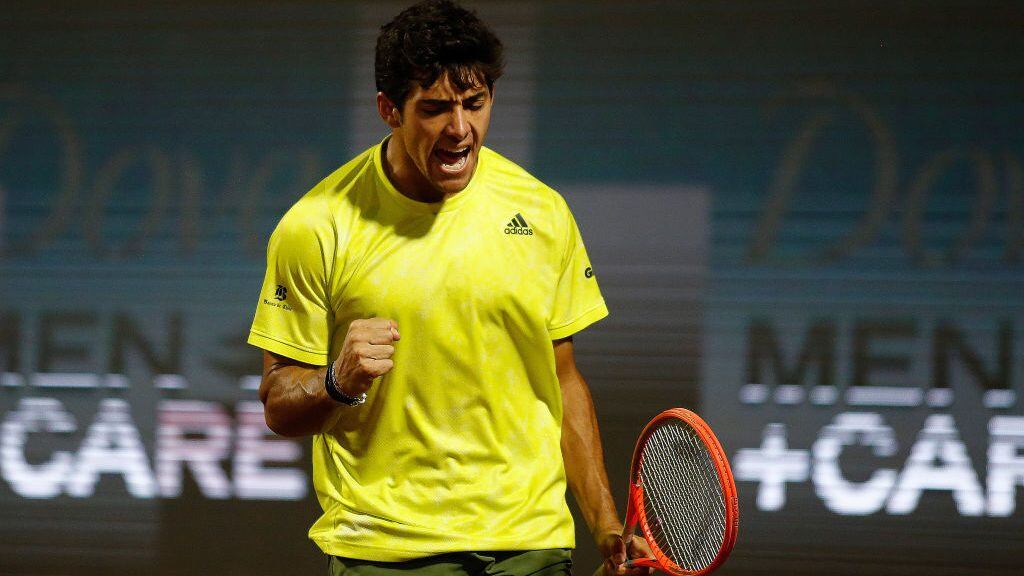 SANTIAGO, CHILE - MARCH 13: Cristian Garin of Chile celebrates his victory against Daniel Elahi Galan on Colombia during the semifinal of Chile Dove Men+Care Open at Club Deportivo Universidad CatÛlica on March 13, 2021 in Santiago, Chile. (Photo by Marcelo Hernandez/Getty Images)