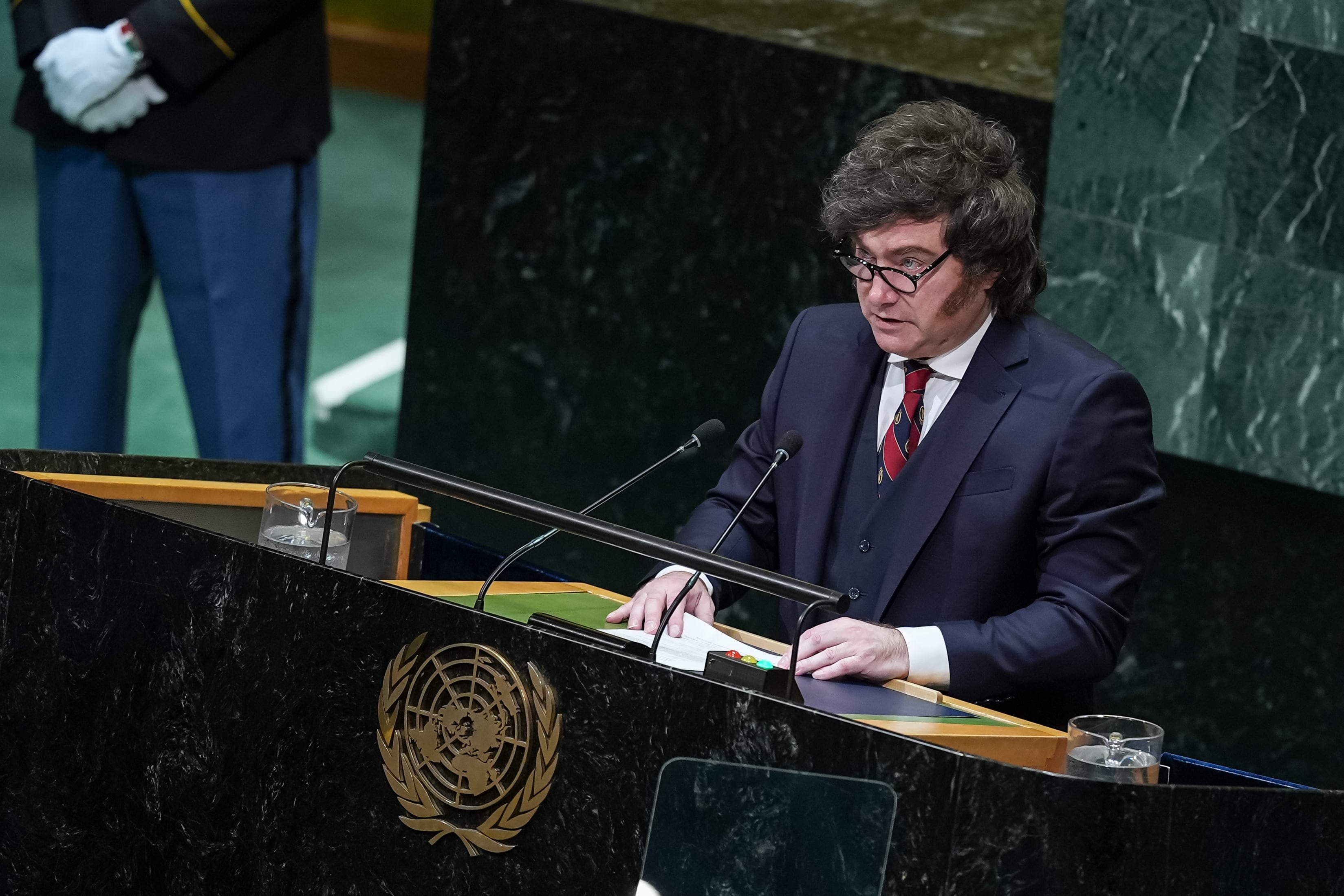 NEW YORK, UNITED STATES - SEPTEMBER 23: President of Argentina, Javier Milei delivers a speech during the 81st United Nations General Assembly (UNGA) in New York, United States, on September 23, 2026. (Photo by Mehmet Eser/Anadolu via Getty Images)