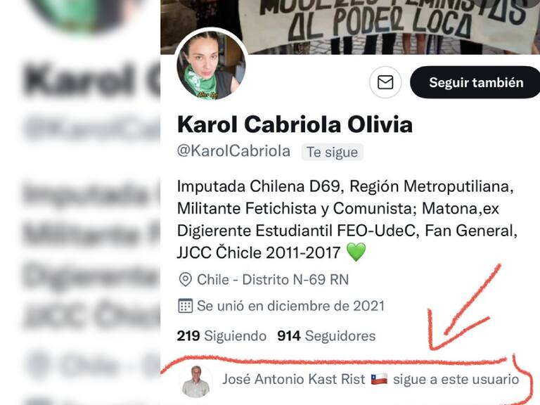 Diputada Karol Cariola acusa suplantación de cuenta en Twitter: «Curiosamente es seguida por José Antonio Kast»