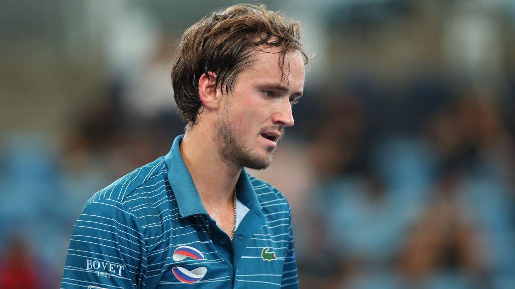 SYDNEY, AUSTRALIA - JANUARY 11: Daniil Medvedev of Russia looks dejected during his semi-final singles match against Novak Djokovic of Serbia during day nine of the 2020 ATP Cup at Ken Rosewall Arena on January 11, 2020 in Sydney, Australia. (Photo by Cameron Spencer/Getty Images)